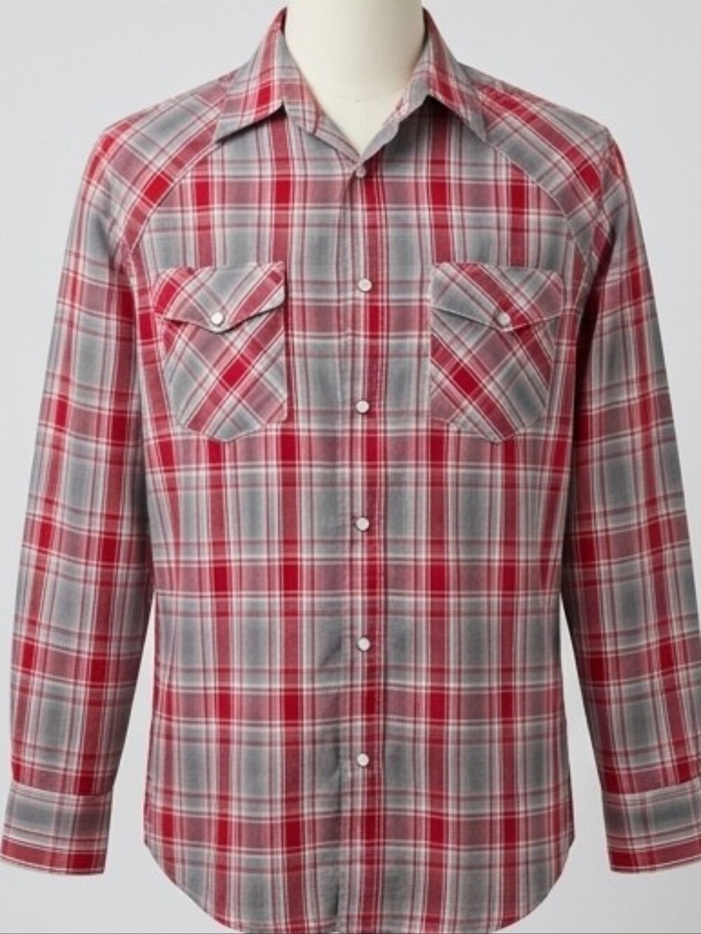 859. 🤠 Cowboy Legend Red & Gray Plaid Pearl Snap Western Shirt - Men's M